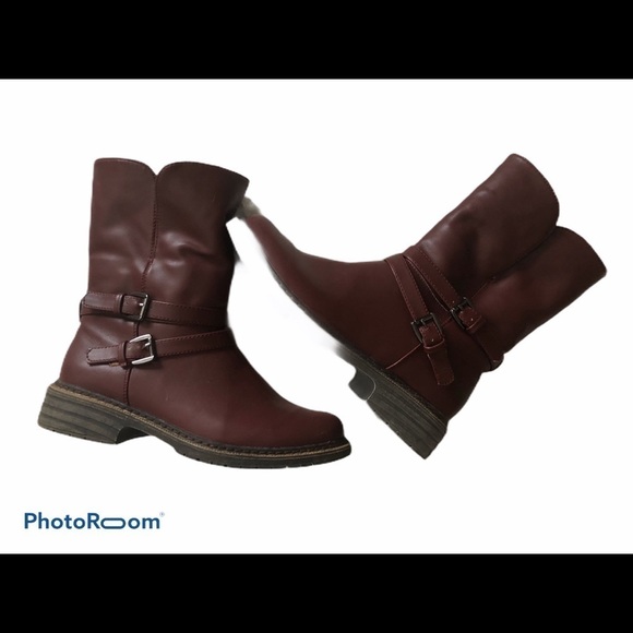 Steve Madden Maximus Burgundy Double Buckle Leather Boot Charcoal Sherpa Lined - Picture 1 of 8